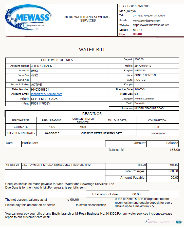 download Kenya Meru Water and Sewerage Services utility bill template in Word and PDF formats PDF template